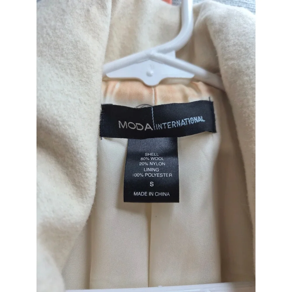 Moda International Belted Pea Coat Women Small Beige Wool Double Breasted Winter